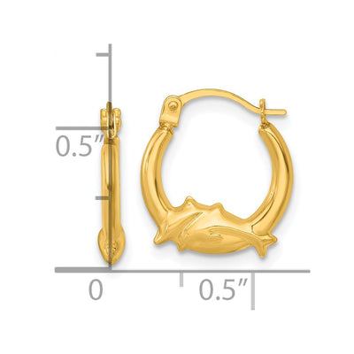 14K Polished Two Dolphins Hollow Hoop Earrings
