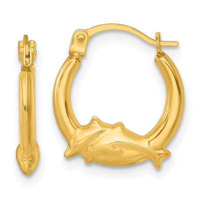14K Polished Two Dolphins Hollow Hoop Earrings
