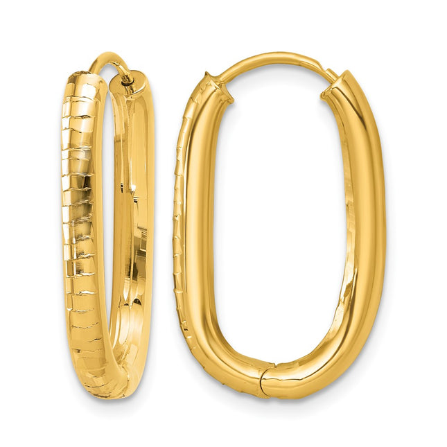14K Polished & Textured Oval Hinged Hoop Earrings, 25.3 x 15.1mm