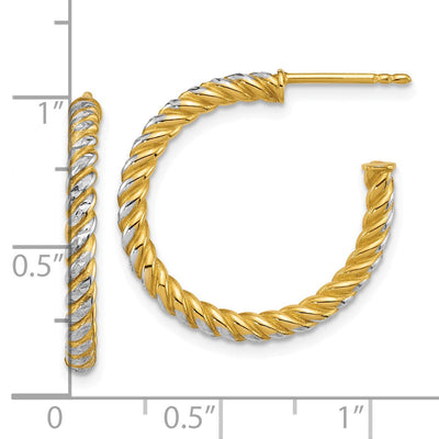 14K with White Rhodium Polished Diamond-cut Twisted Tube C-Hoop Post Earrings, 23.5 x 2.75mm