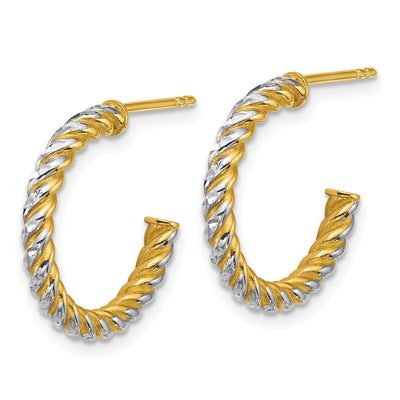 14K with White Rhodium Polished Diamond-cut Twisted Tube C-Hoop Post Earrings, 20 x 2.75mm