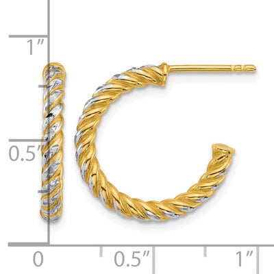 14K with White Rhodium Polished Diamond-cut Twisted Tube C-Hoop Post Earrings, 20 x 2.75mm