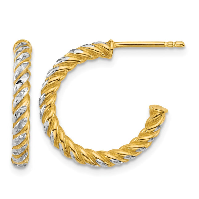 14k with White Rhodium Polished Diamond-cut Twisted Tube C-Hoop Post Earrings, 20 x 2.75mm