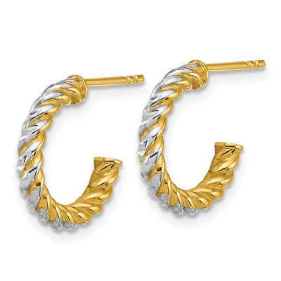 14K with White Rhodium Polished Diamond-cut Twisted Tube C-Hoop Post Earrings, 15.5 x 2.75mm