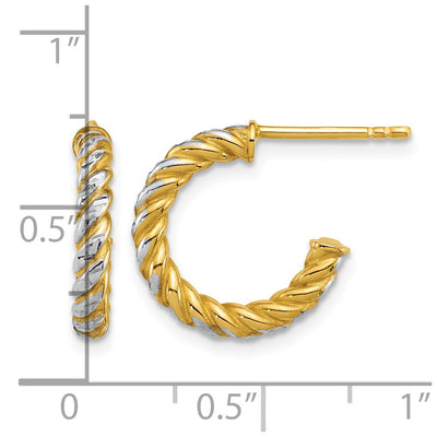 14K with White Rhodium Polished Diamond-cut Twisted Tube C-Hoop Post Earrings, 15.5 x 2.75mm