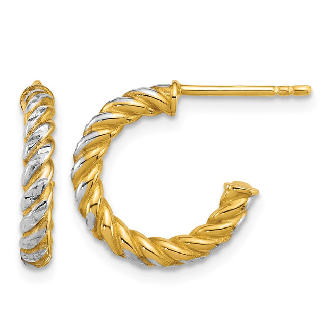 14k with White Rhodium Polished Diamond-cut Twisted Tube C-Hoop Post Earrings, 15.5 x 2.75mm