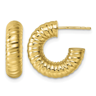 14K Polished Textured Tube C-Hoop Post Earrings, 17.5 x 5mm