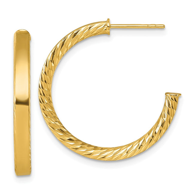 14k Polished and Diamond-cut 3.00 x Tube C-Hoop Post Earrings, 25 x 3mm