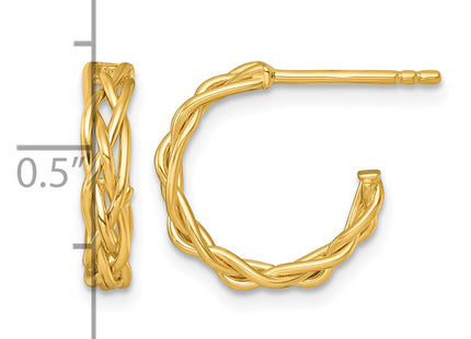 14k Polished Woven Braid 3 x C-Hoop Post Earrings, 15 x 3mm