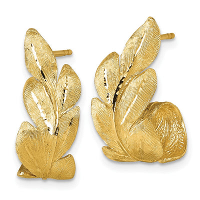 14K Brushed And Textured Curled Leaf Post Earrings