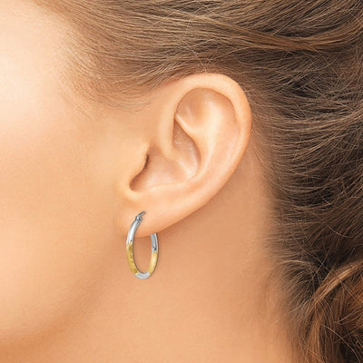 14K w/White Rhodium Satin and Polished Diamond-cut Hoop Earrings, 17 x 2mm