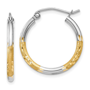 14k w/White Rhodium Satin and Polished Diamond-cut Hoop Earrings (Style TF315)