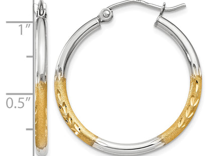 14k w/White Rhodium Satin and Polished Diamond-cut Hoop Earrings, 20 x 2mm
