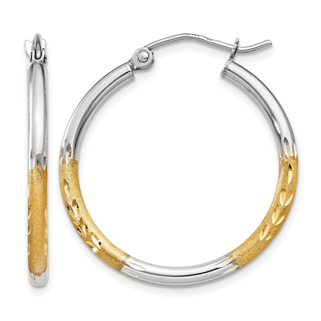 14k w/White Rhodium Satin and Polished Diamond-cut Hoop Earrings, 20 x 2mm