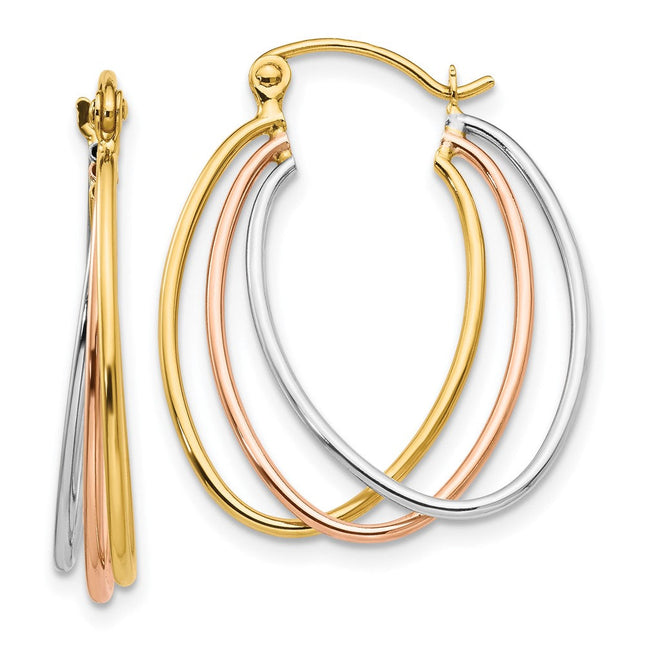 14K Tri Color Hoop Earrings, 25 x 4.5mm
