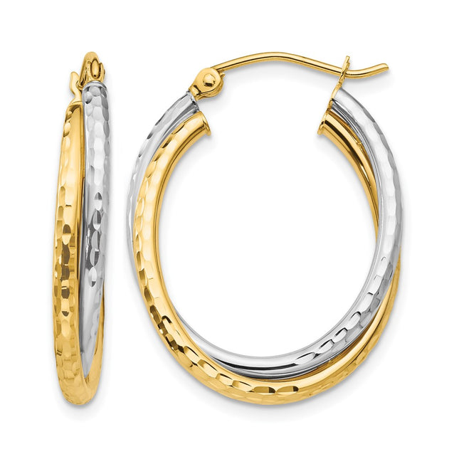14k Two-tone Diamond-cut Polished Oval Hoop Earring, 27.5 x 4.25mm