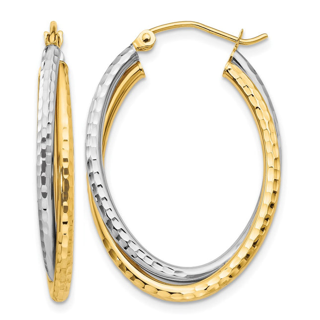 14k Two-tone Diamond-cut Polished Oval Hoop Earring, 32 x 4.25mm