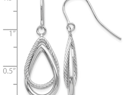 14K White Gold Polished and Textured Teardrop Shepherd Hook Earrings