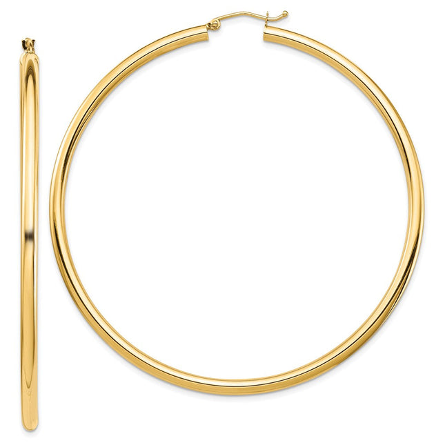 14k Polished Lightweight Round Tube Hoop Earrings, 70 x 3mm
