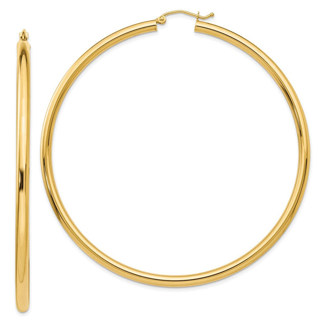 14k Polished Round Tube Hoop Earrings, 70 x 3mm