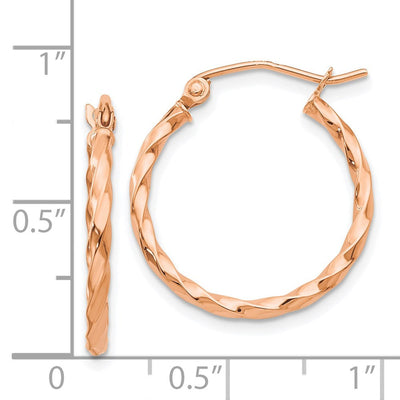 14K Rose Gold Twisted Hoop Earrings, 15 x 2mm