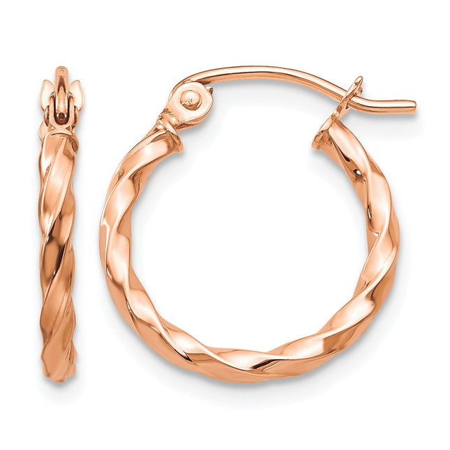 14k Rose Gold Twisted Hoop Earrings, 16 x 2mm