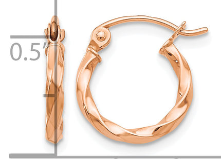 14k Rose Gold Twisted Hoop Earrings, 12 x 2mm