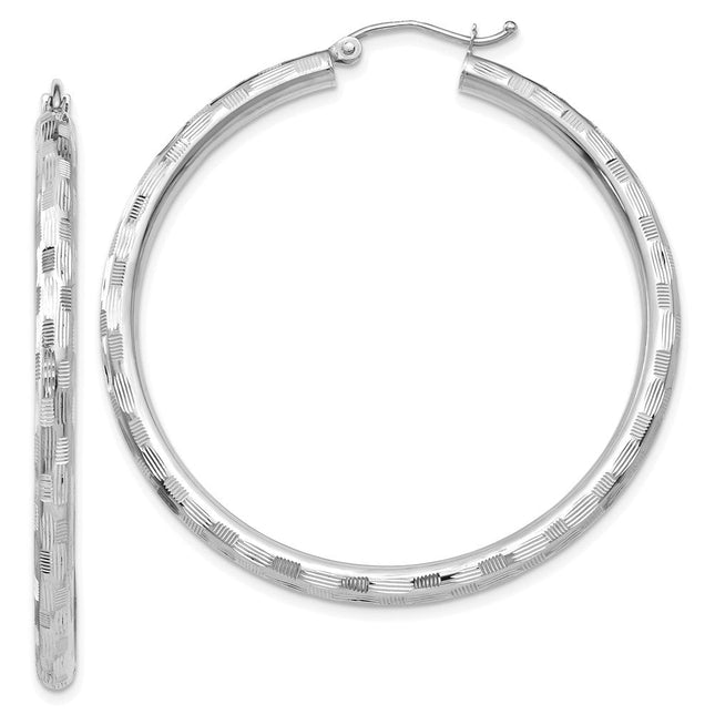 14K White Gold Diamond Cut Hoop Earrings, 45 x 3mm