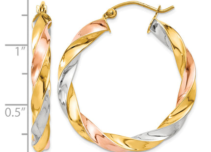 14k Tri-color Light Twisted Hoop Earrings, 33 x 4mm