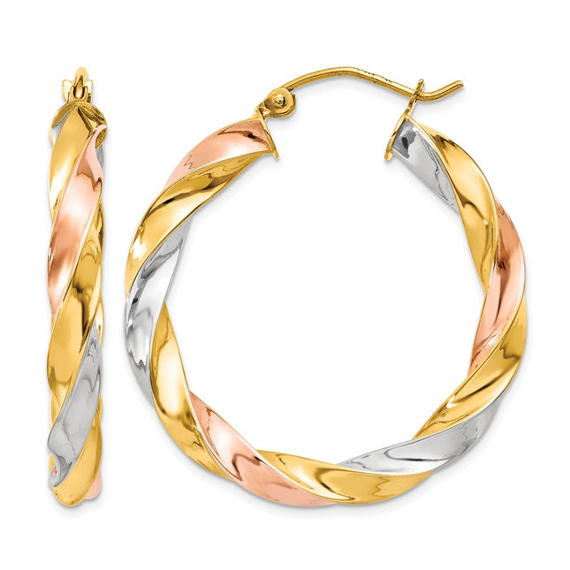 14k Tri-color Light Twisted Hoop Earrings, 33 x 4mm