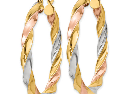 14k Tri-color Light Twisted Hoop Earrings, 34 x 4mm