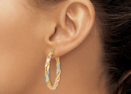 14k Tri-color Light Twisted Hoop Earrings, 34 x 4mm