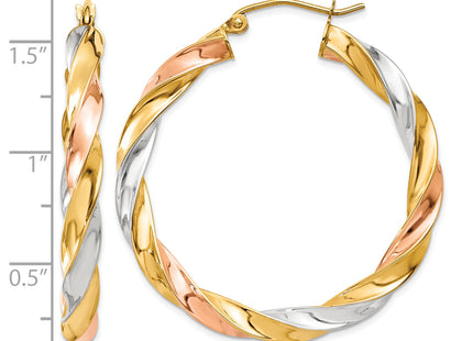 14k Tri-color Light Twisted Hoop Earrings, 34 x 4mm