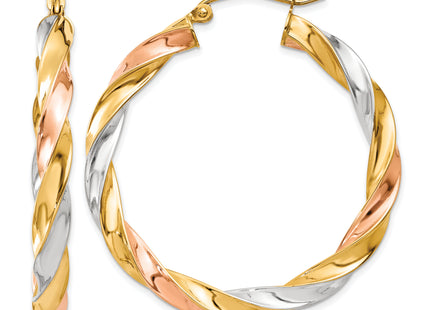 14k Tri-color Light Twisted Hoop Earrings, 34 x 4mm