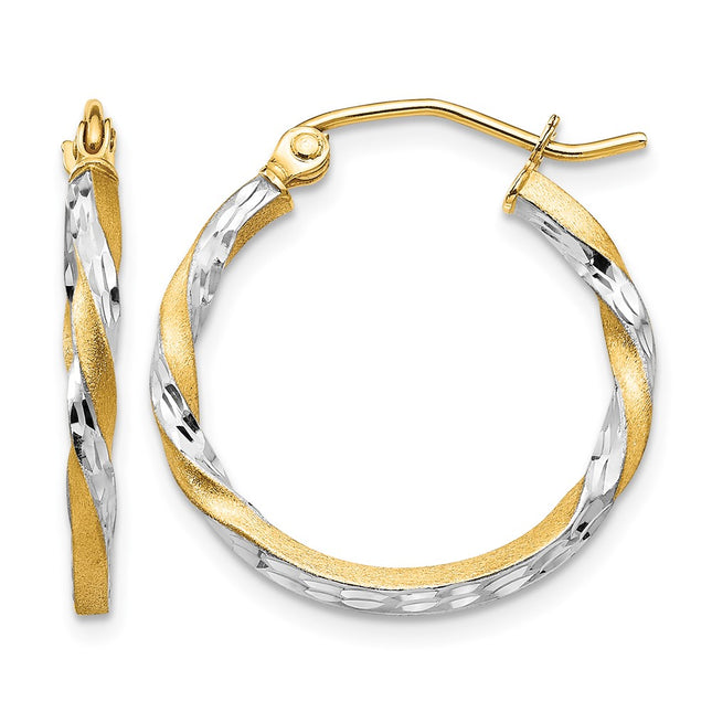 14k & Rhodium Satin Diamond Cut Twisted Hoop Earrings, 20 x 2mm