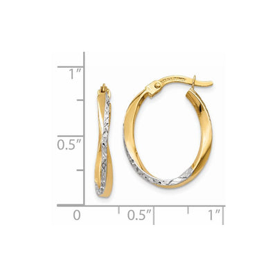 14K w/White Rhodium Textured and Polished Oval Hoop Earrings