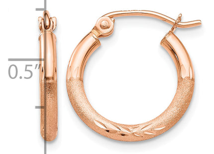14k Rose Gold Lightweight Satin Diamond Cut Hoop Earrings, 15 x 2mm