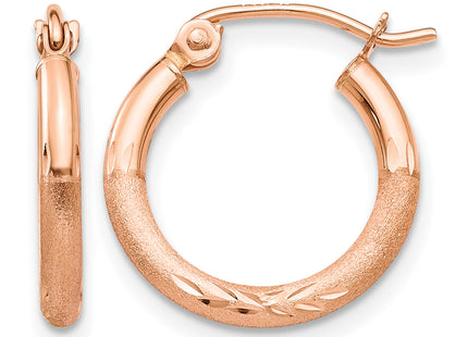 14k Rose Gold Lightweight Satin Diamond Cut Hoop Earrings, 15 x 2mm