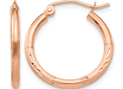 14k Rose Gold Lightweight Satin Diamond Cut Hoop Earrings, 20 x 2mm