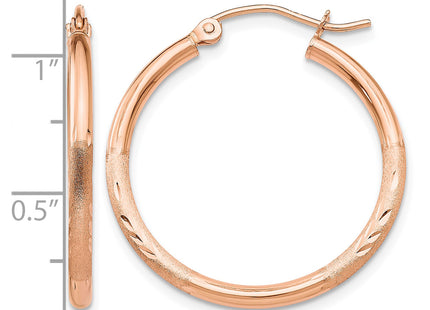 14k Rose Gold Lightweight Satin Diamond Cut Hoop Earrings, 25 x 2mm