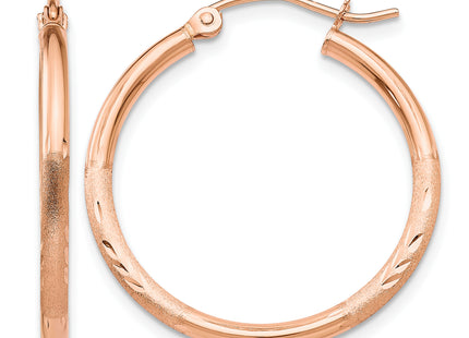 14k Rose Gold Lightweight Satin Diamond Cut Hoop Earrings, 25 x 2mm
