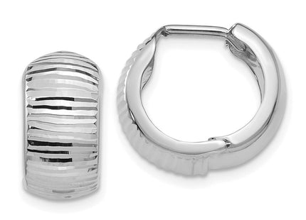 14K White Gold Textured and Polished Hinged Hoop Earrings (Style TF779)