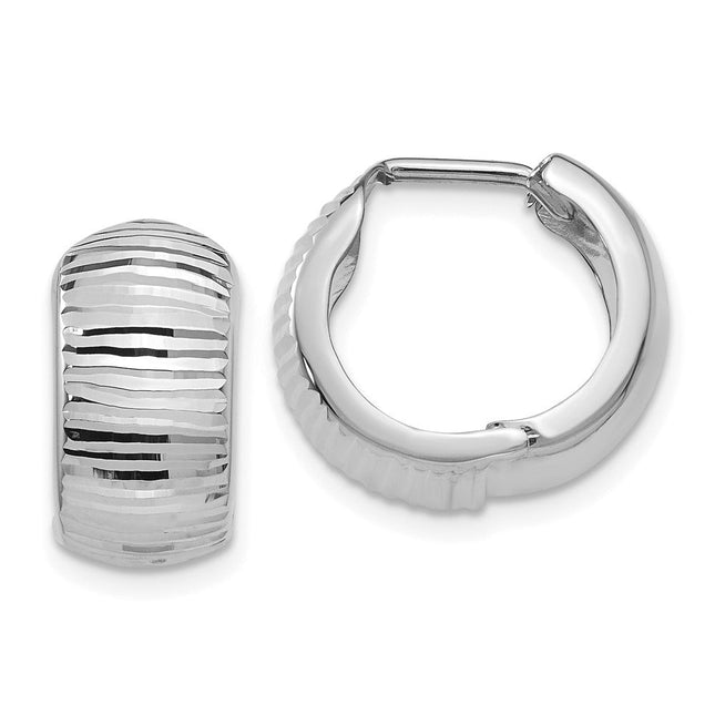 14K White Gold Textured and Polished Hinged Hoop Earrings, 16 x 8mm