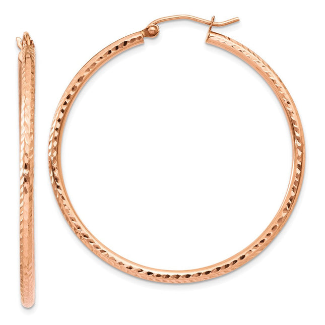 14k Rose Gold Polished Lightweight Large Diamond-cut Tube Hoop Earrings, 40 x 2mm