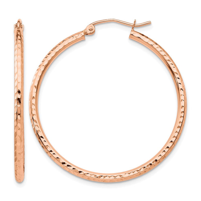 14k Rose Gold Polished Lightweight Large Diamond-cut Tube Hoop Earrings, 35 x 2mm