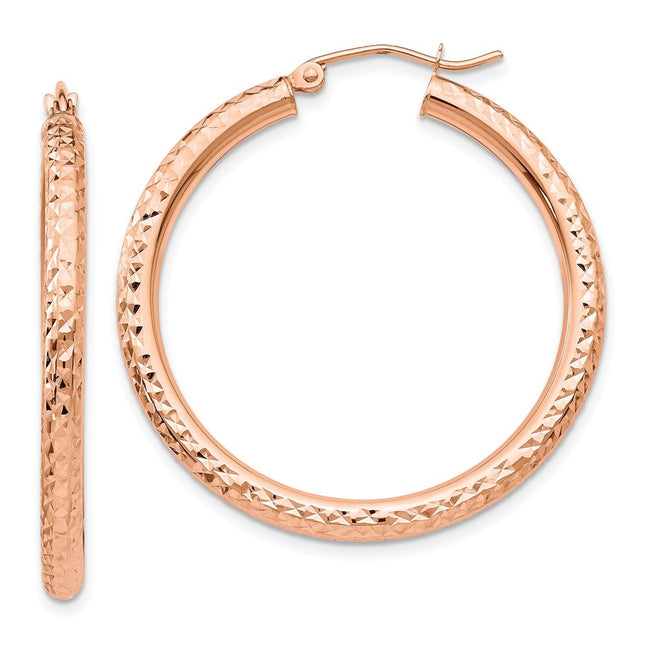 14k Rose Gold Diamond-cut Round Hoop Earrings