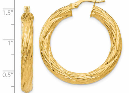 14k Textured Tube Hoop Earrings, 37 x 4.5mm