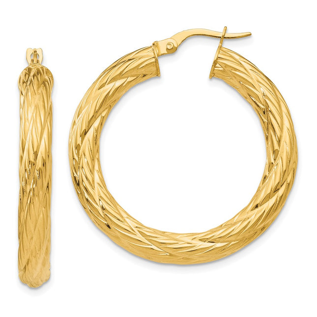 14k Textured Tube Hoop Earrings, 37 x 4.5mm