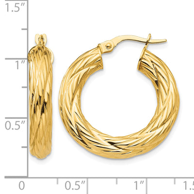14K Textured Tube Hoop Earrings, 28 x 4.5mm