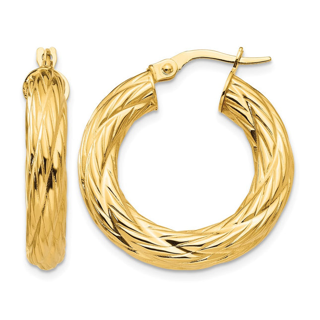 14k Textured Tube Hoop Earrings, 28 x 4.5mm